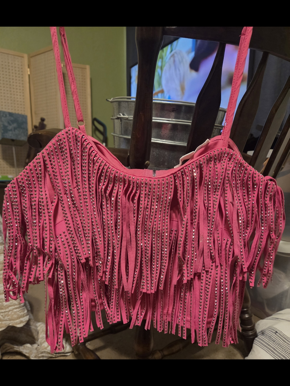 Pink Fringe Studded Women's Crop Top